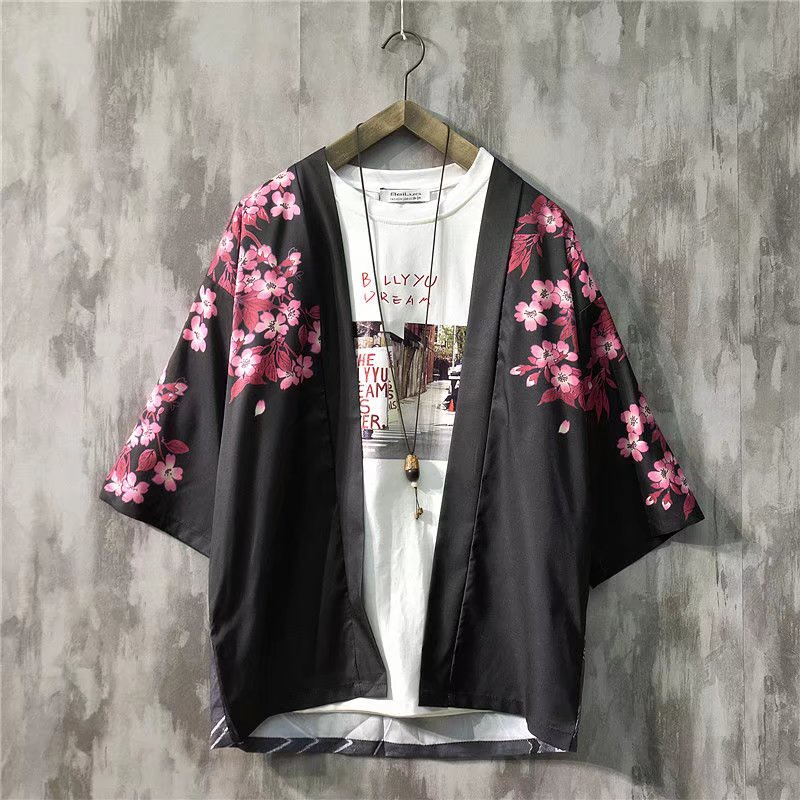 Áo Khoác Kimono Dáng Rộng In Họa Tiết Hoa Đào Và Lông Vũ Phong Cách Nhật Bản Thời Trang Cho Nam Và Nữ 2022
