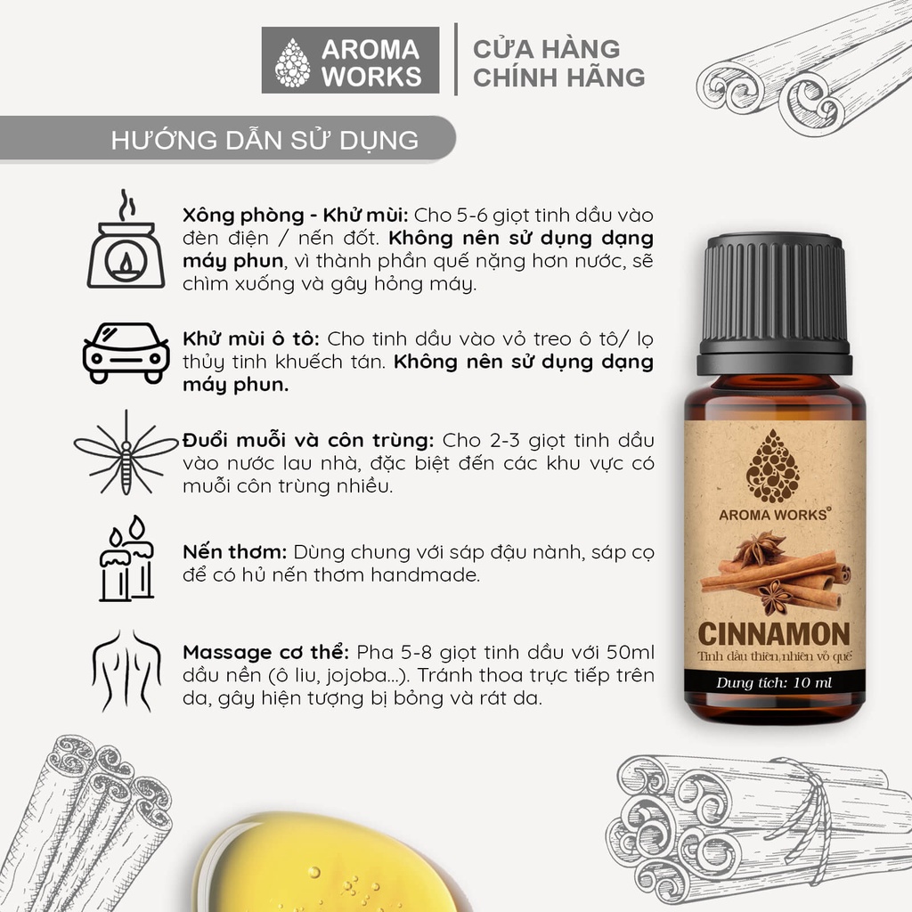 Tinh Dầu Quế Aroma Works Thiên Nhiên Xông Phòng, Đuổi Muỗi - Cinnamon