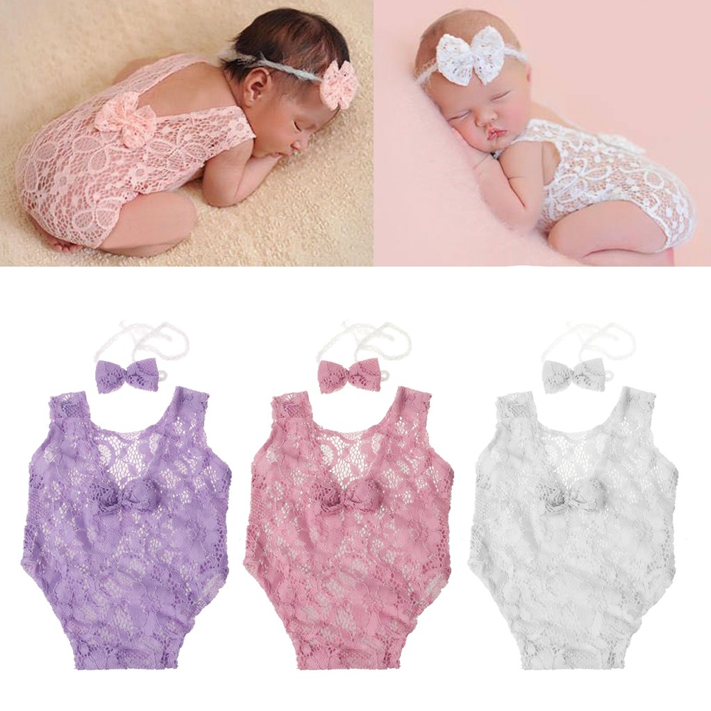 Áo liền quần ren đính hở lưng có băng đô nơ thời trang dành cho bé gái