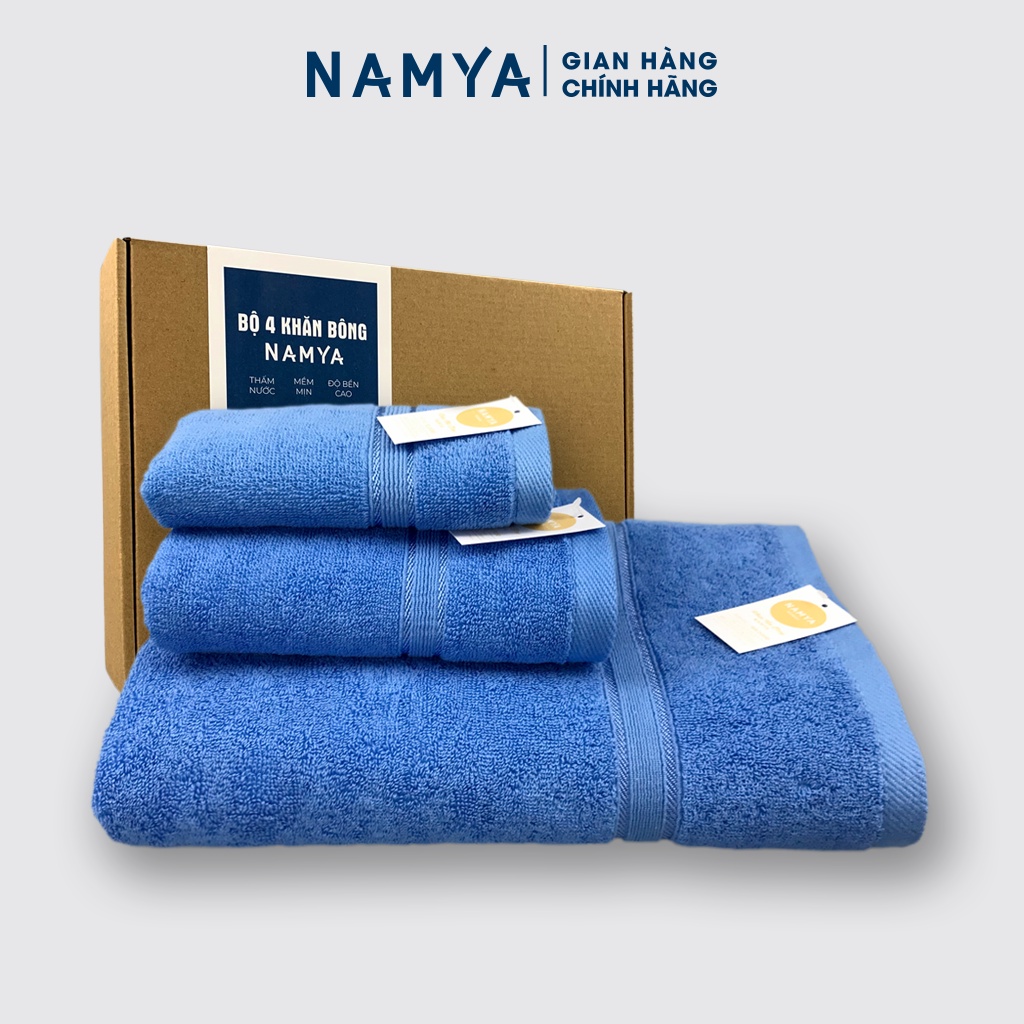 Combo 4 khăn bông NAMYA mềm mại, hút nước, độ bền cao, kích thước 60x120/35x80/30x50cm