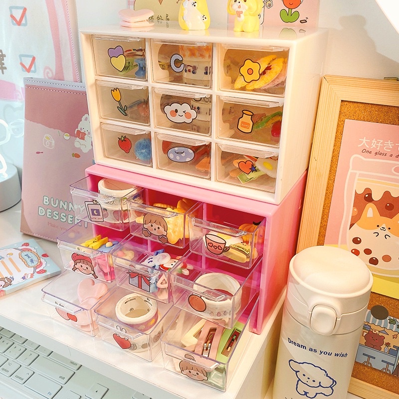 Hộp 9 ngăn mini- tủ decor bàn học tặng kèm sticker dễ thương cangaocon