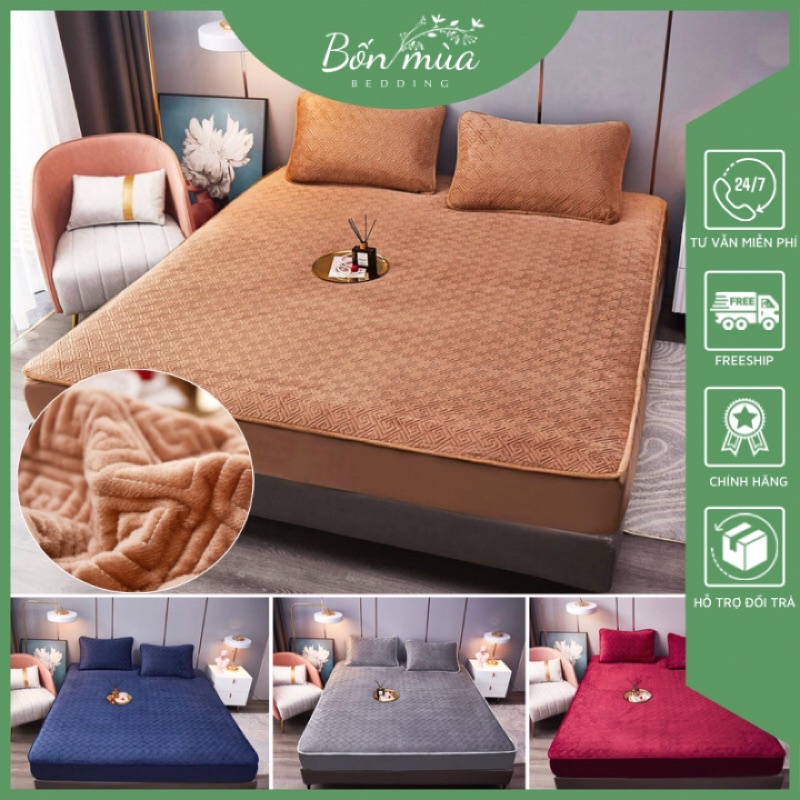Bộ Ga Gối Trần Bông Nỉ Nhung Hoạ tiết chữ Vạn cao cấp, thảm ga nỉ nhung dùng mùa đông ấm áp - kích thước 1m6; 1m8; 2m2
