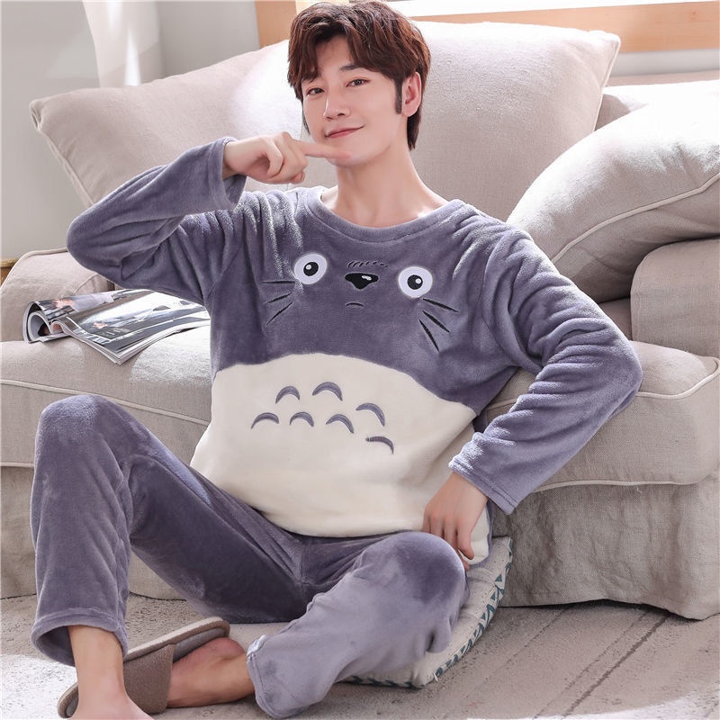 Bộ Đồ Ngủ Lông Cừu San Hô Dày Dặn In Hoạt Hình Thời Trang Thu Đông Cho Nam