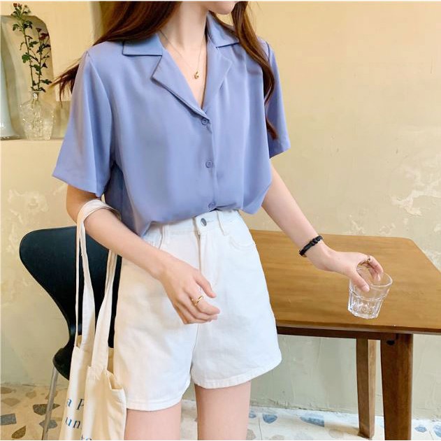 Áo sơ mi tay ngắn cổ vest nữ form rộng đẹp freesize hàn quốc trắng đen kem xanh hồng vintage hàn quốc C456