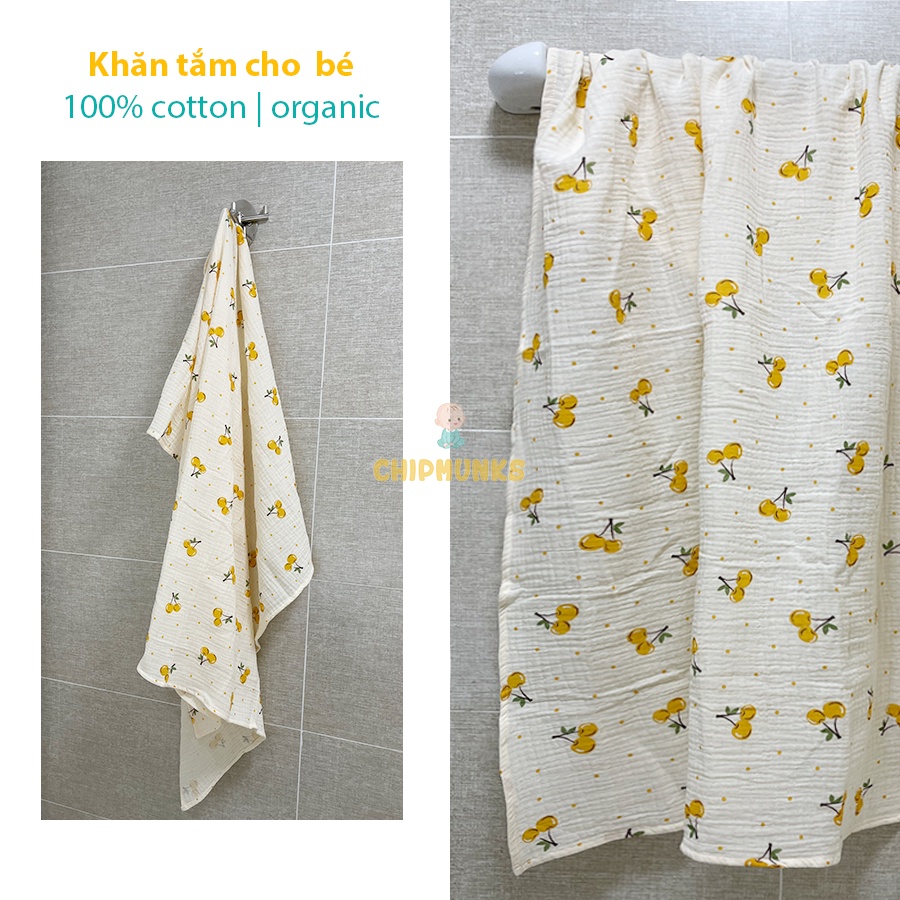 Khăn tắm cao cấp Chipmunks xô muslin organic, không xù, thấm hút nhanh, an toàn cho da bé