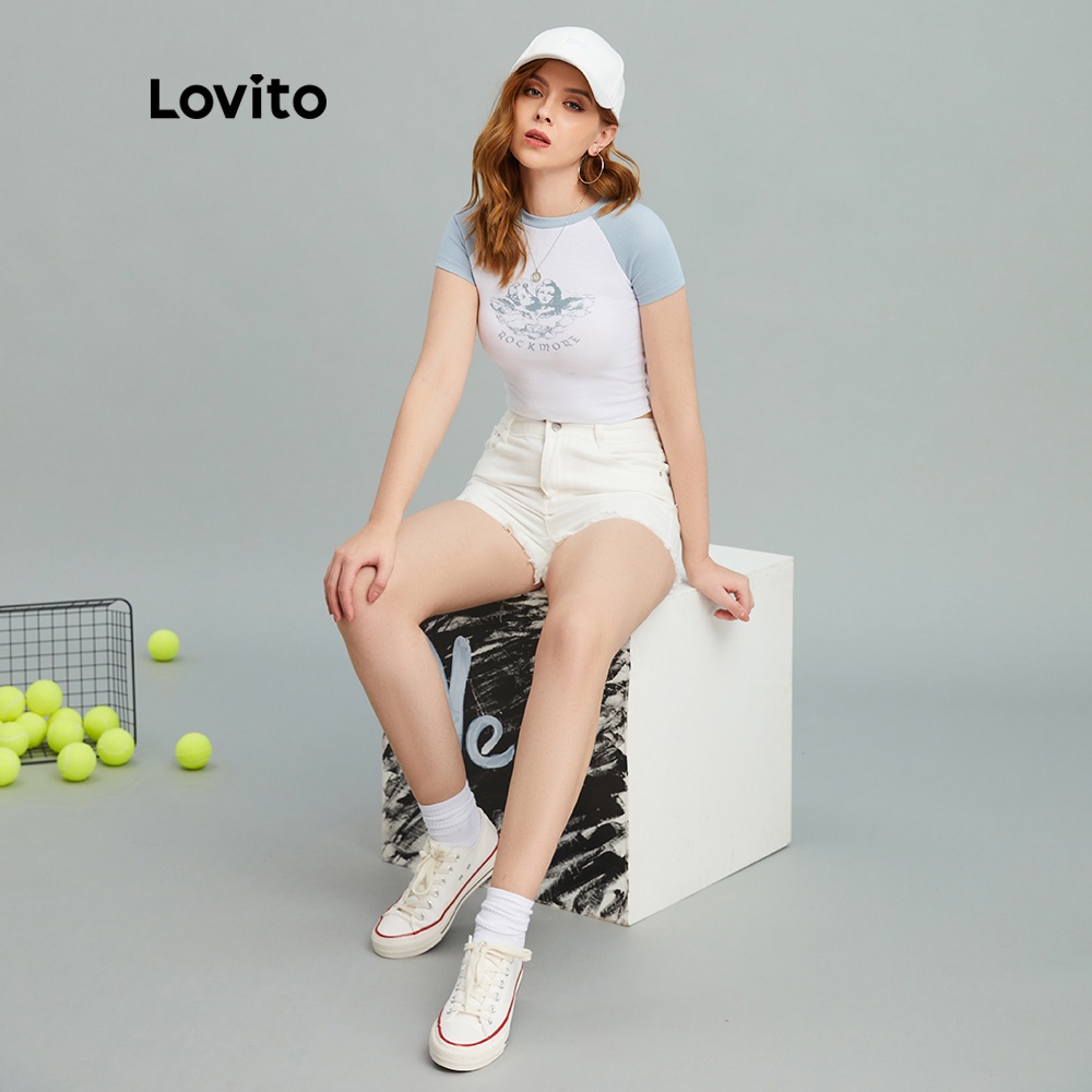 Áo thun Lovito dáng ngắn ghép nối màu sắc phong cách Preppy L10915 (Màu xám) | BigBuy360 - bigbuy360.vn