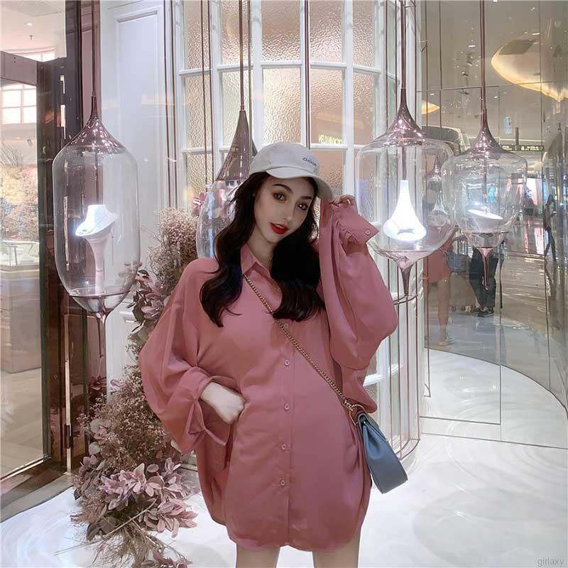 Áo sơ mi dài tay dáng rộng màu trơn phong cách retro Hàn Quốc trẻ trung nữ tính