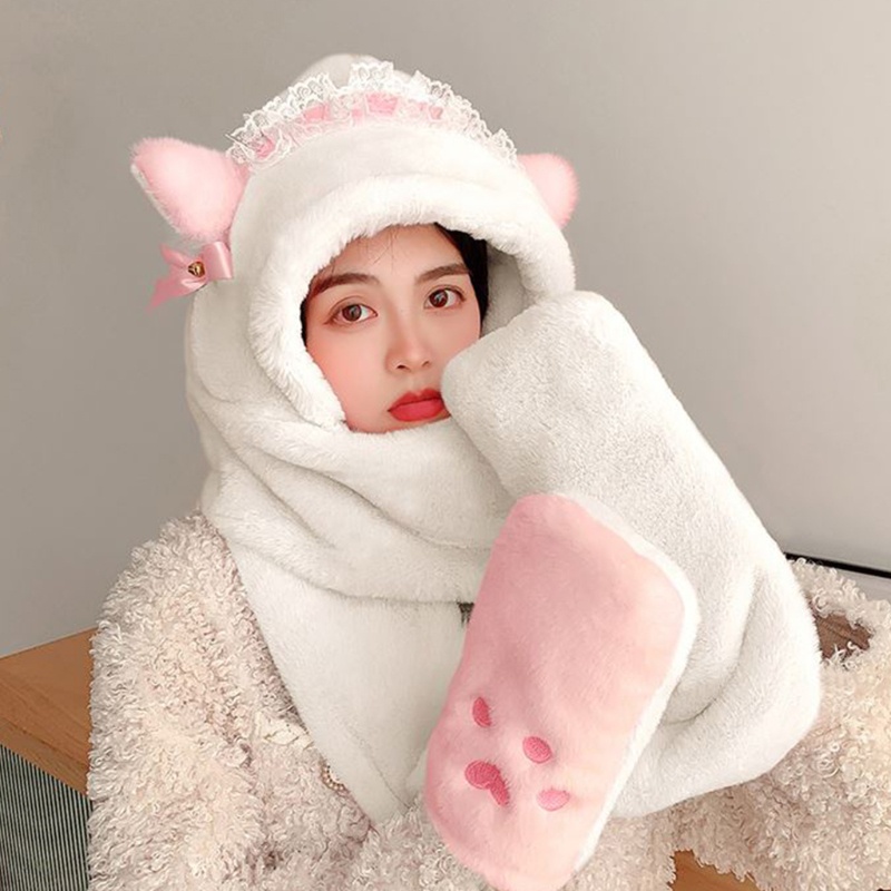 Set Mũ Len Kèm Khăn Choàng Cổ Và Găng Tay Giữ Ấm Mùa Đông Đính Tai Gấu Dễ Thương Thời Trang Cho Bé Gái