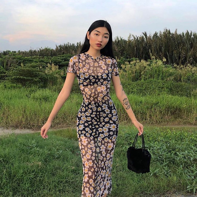 Đầm Tay Ngắn Cổ Tròn Phối Lưới In Họa Tiết Hoa Cúc Thời Trang Xinh Xắn Cho Nữ