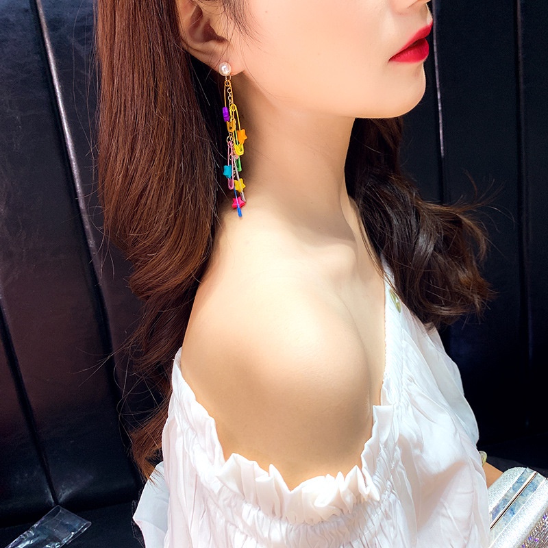 Khuyên Tai Ngôi Sao Tua Rua Dài Nhiều Màu Sắc Phong Cách Hàn Quốc