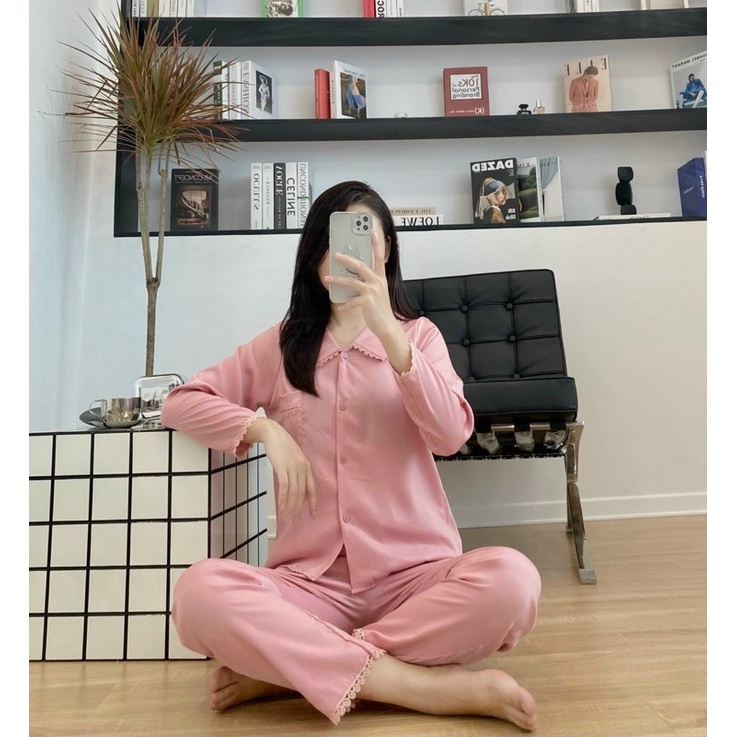 Bộ Pijama Chất Lụa Latin Trơn Viền Ren Mặc Nhà Cao Cấp