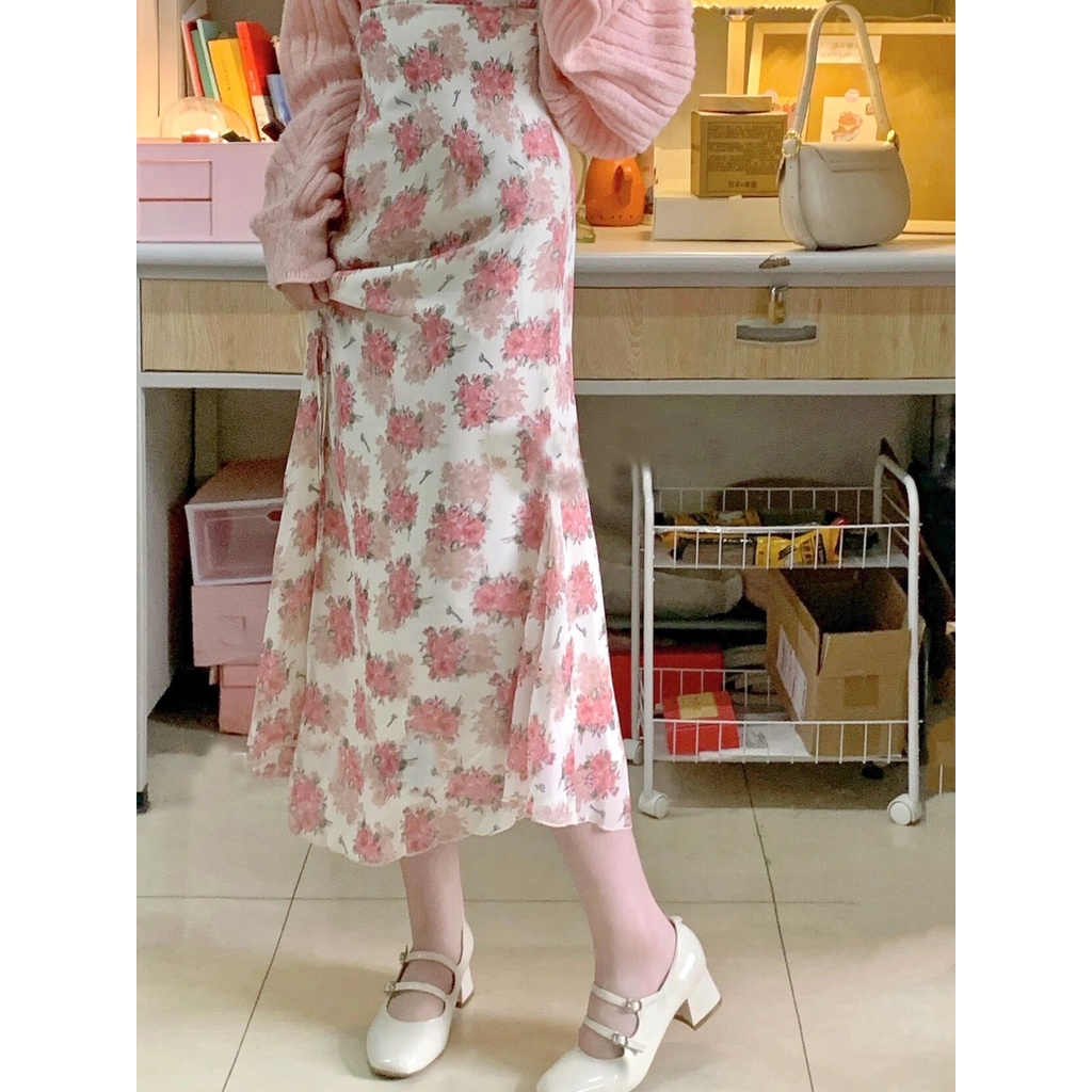Đầm ZHELIHANGFEI 2 dây dáng dài in hoa thiết kế hở lưng quyến rũ