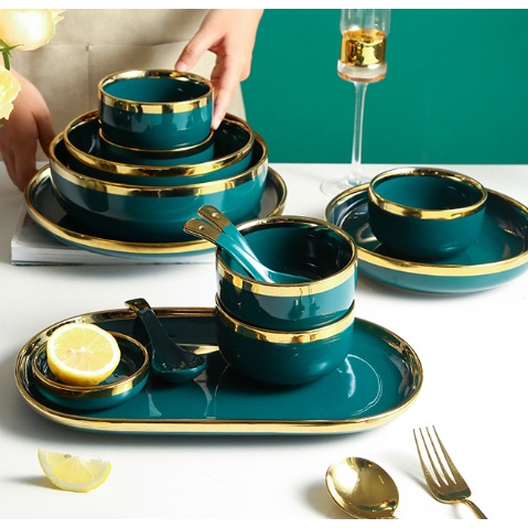 Bộ bát đĩa cao cấp xanh cổ vịt,chén dĩa decor đẹp 26 món viền vàng các màu phong cách Bắc Âu