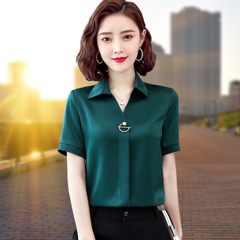 Áo chiffon tay ngắn cổ chữ V dáng rộng thời trang mùa hè dành cho phụ nữ trung niên