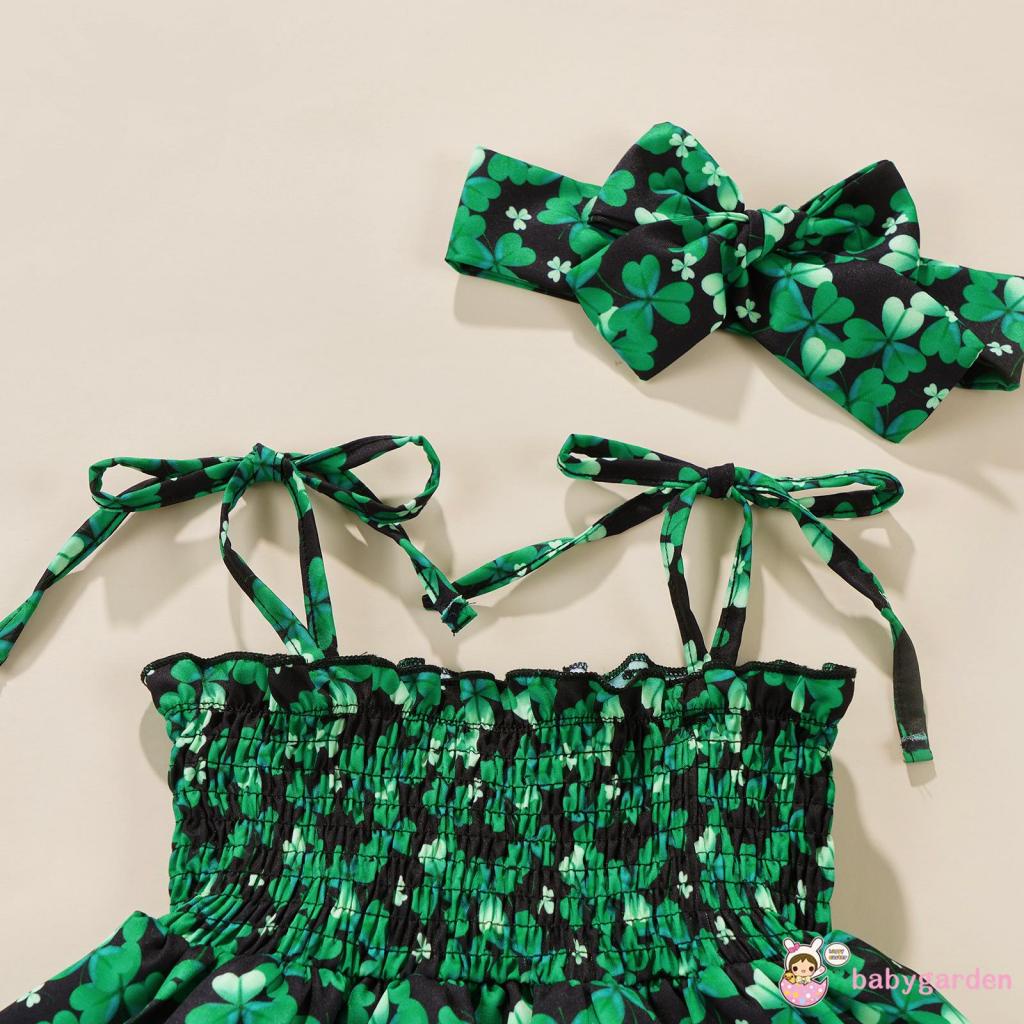 Đầm hai dây nhiều lớp in hình cỏ ba lá kèm băng đô dành cho bé gái 1-5 tuổi