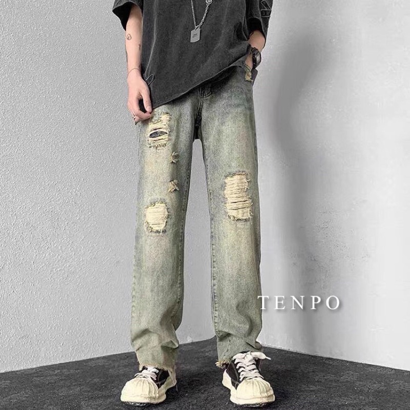 Quần jean dáng suông TENPO phối rách | Jean nam xanh wash bụi bặm