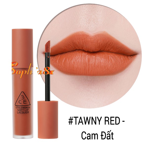 Son kem lì 3CE SOFT LIP LACQUER auth Tawny Red màu cam cháy