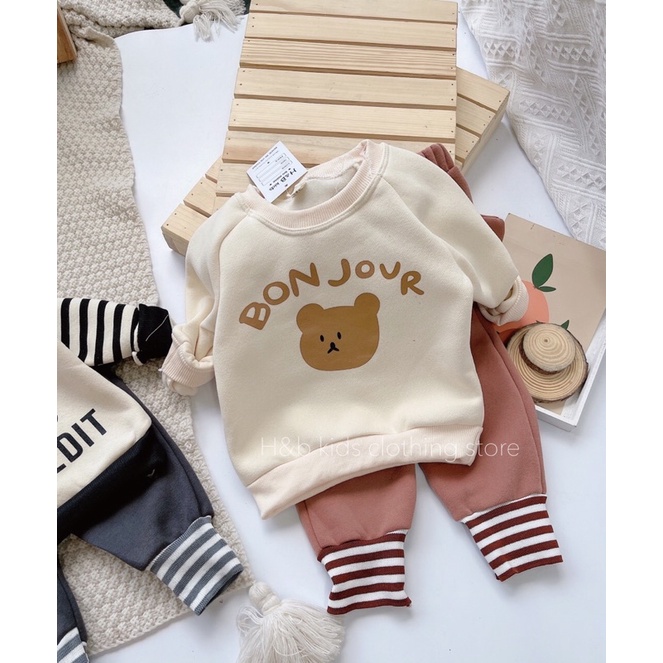 Bộ thun nỉ bông siêu ấm họa tiết gấu cho bé trai từ 8-20kg