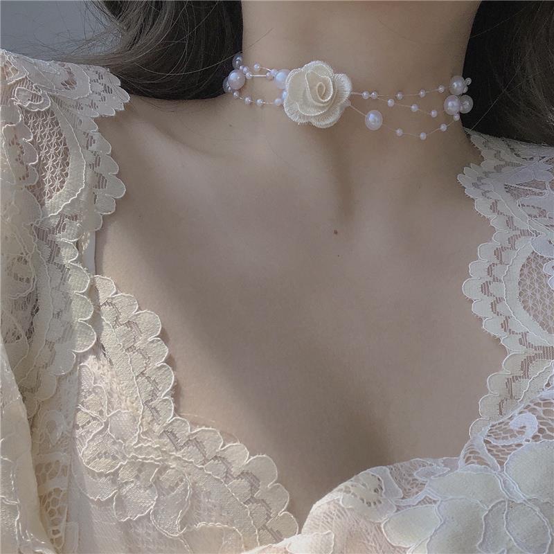 Vòng Cổ Ngọc Trai Hoa Hồng Thần Tiên Cổ Điển Lãng Mạn Cao Cấp