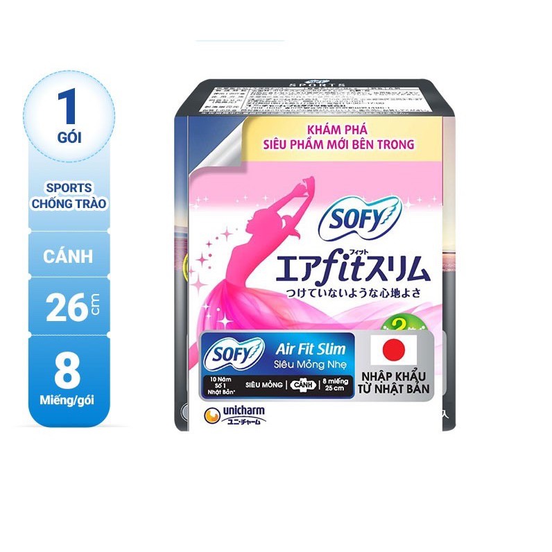 Băng Vệ Sinh Sofy Skin Comfort Ultra Thin có Cánh 25cm/26cm 8 Miếng