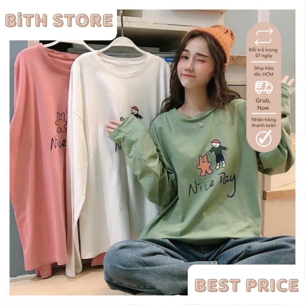 Áo thun nữ tay dài thun cotton 4 chiều NICE DAY hai màu xanh trắng form đẹp