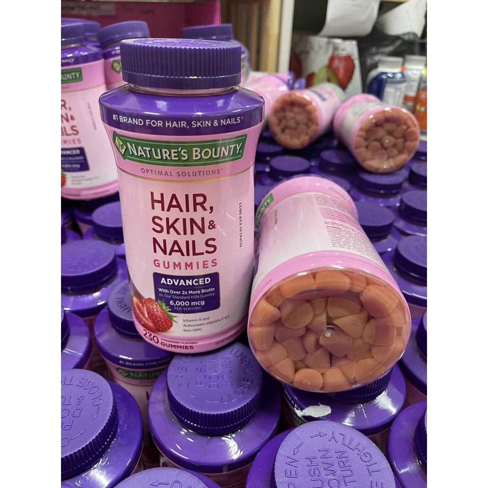 Kẹo dẻo mọc tóc, đẹp da ⚡ HÀNG CAO CẤP ⚡ Kẹo dẻo Hair, Skin & Nails Gummies, 230 viên, Vị dâu, 6000mcg Biotin