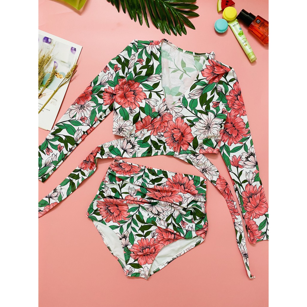 Bikini hai mảnh dài tay ️Freeship️ họa tiết hoa lá hoa hồng quần cạp cao mặc đi biển đi bơi mới nhất