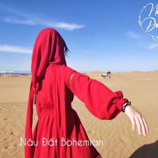 Đầm boho đỏ xẻ tà kèm khăn