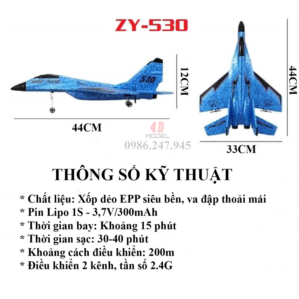 Máy Bay Điều Khiển Từ Xa Zy530 Pro. Xốp dẻo EPP siêu bền. Pin bay 15 phút, Size 44*33*12CM. Điều khiển 2 kênh, Xa 200m