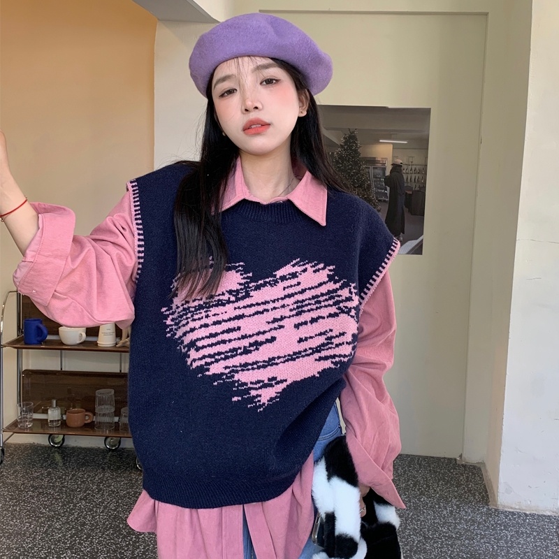 Áo Sweater Không Tay In Họa Tiết Trái Tim Màu Sắc Tương Phản Phong Cách Hàn Quốc Cho Nữ