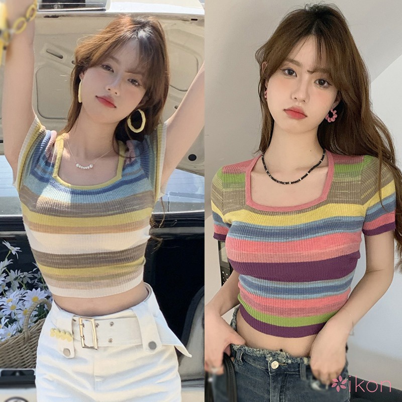 Áo Thun Tay Ngắn Cổ Vuông Họa Tiết Sọc Thoáng Khí Thời Trang Hàn Quốc Cho Nữ