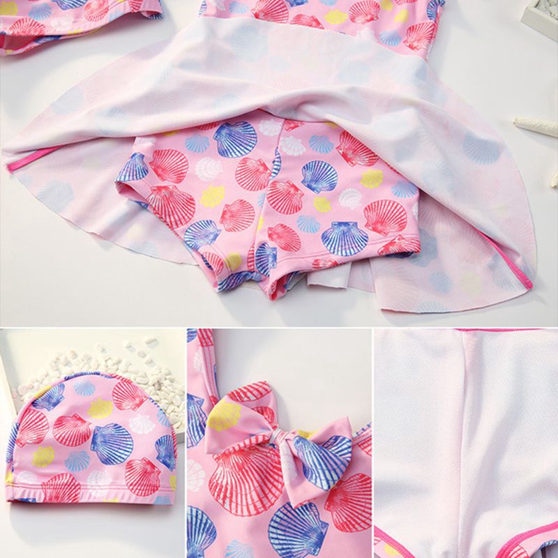 Pretty Girls Swimming Dresses+Swimming Cap 2pcs Korea Print Sports Swimsuit INS Kids Fashion Swim Wear