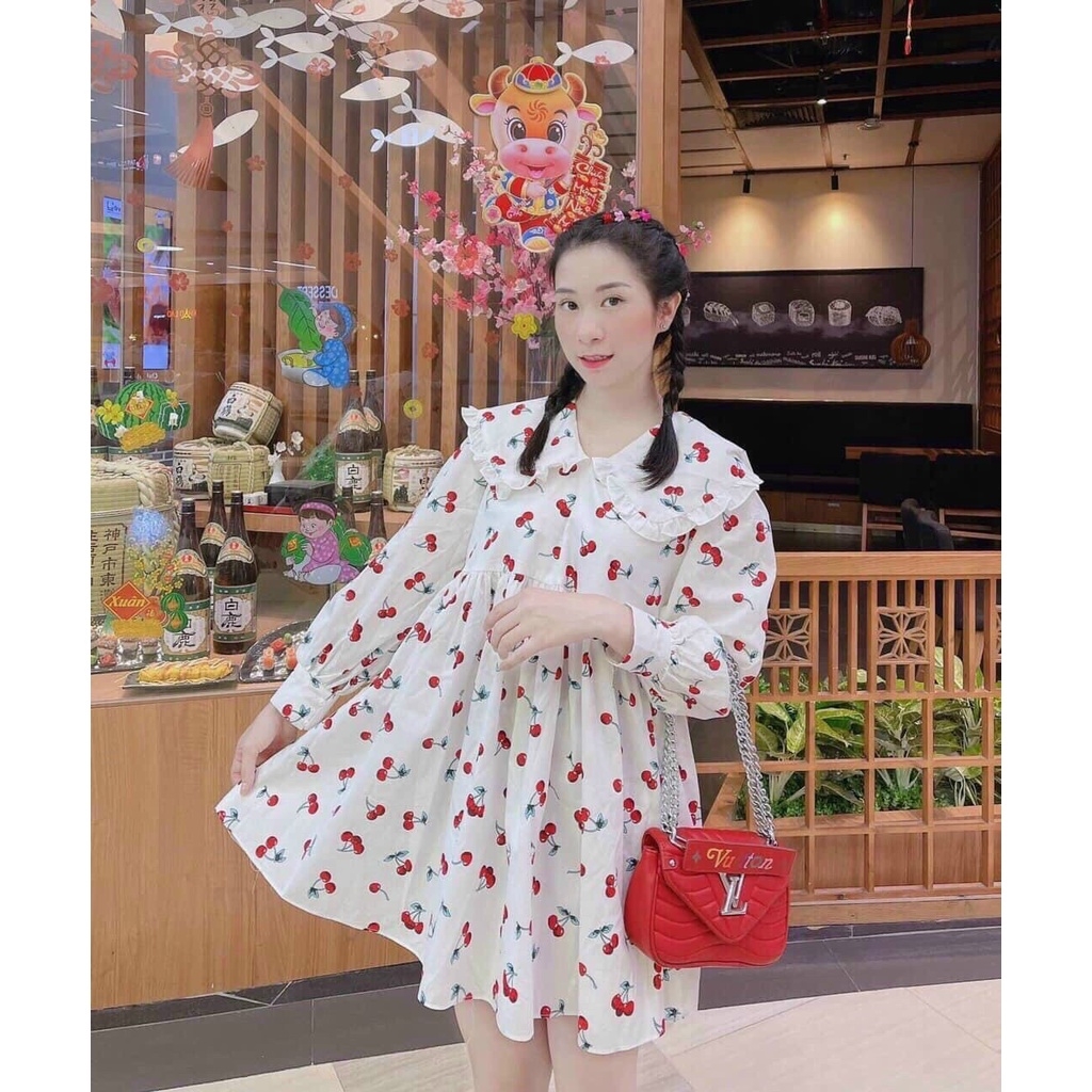 Đầm Lụa Kate Mềm Babydoll In Trái Cherry Cổ Bèo Tây Dài Màu Trắng
