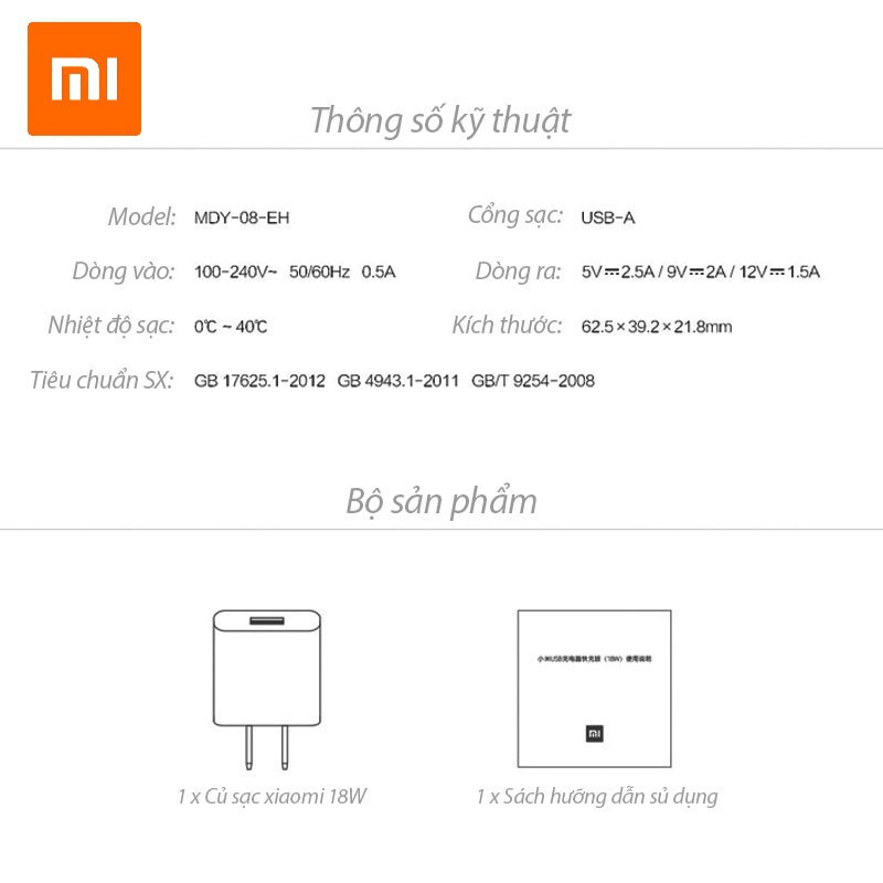 Củ sạc nhanh Xiaomi 18W Quick Charge 3.0 Model MDY-08-EH