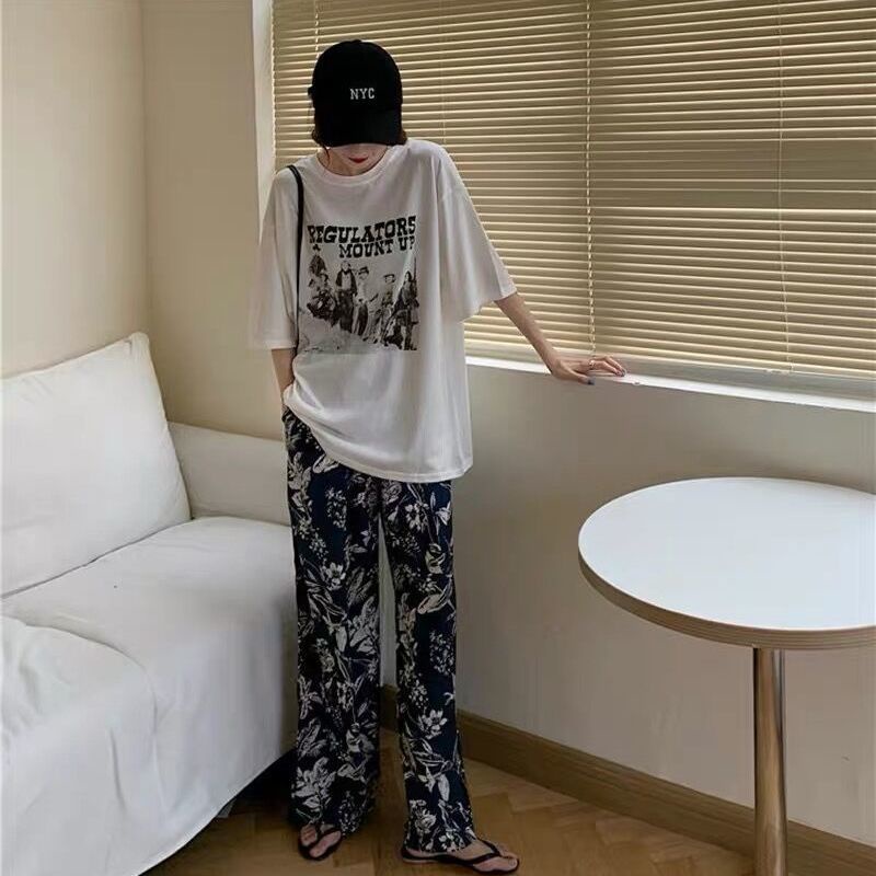 Quần dài lưng cao ống rộng họa tiết hoa thời trang mùa hè mát mẻ thoải mái