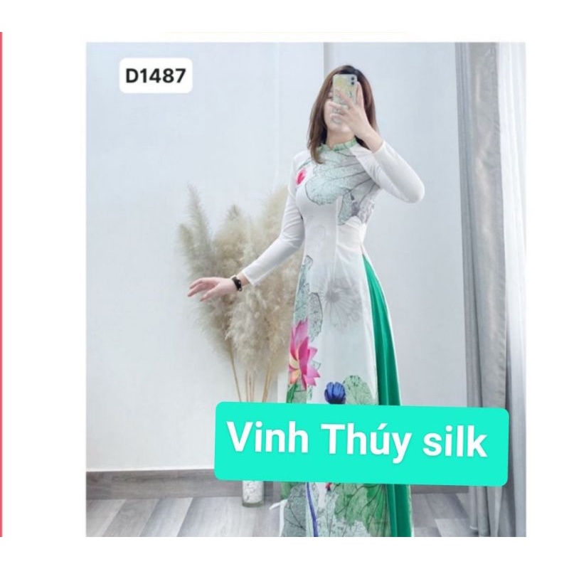Áo dài cổ 2f tay lỡ, lụa nhật in 3D