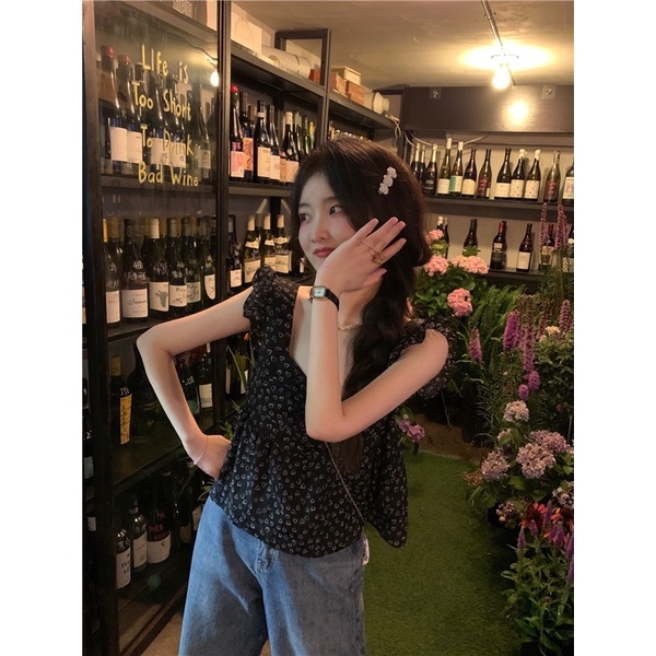 Áo babydoll hai dây đen hoạ tiết trái tim dễ thương Daliah Top Yannie