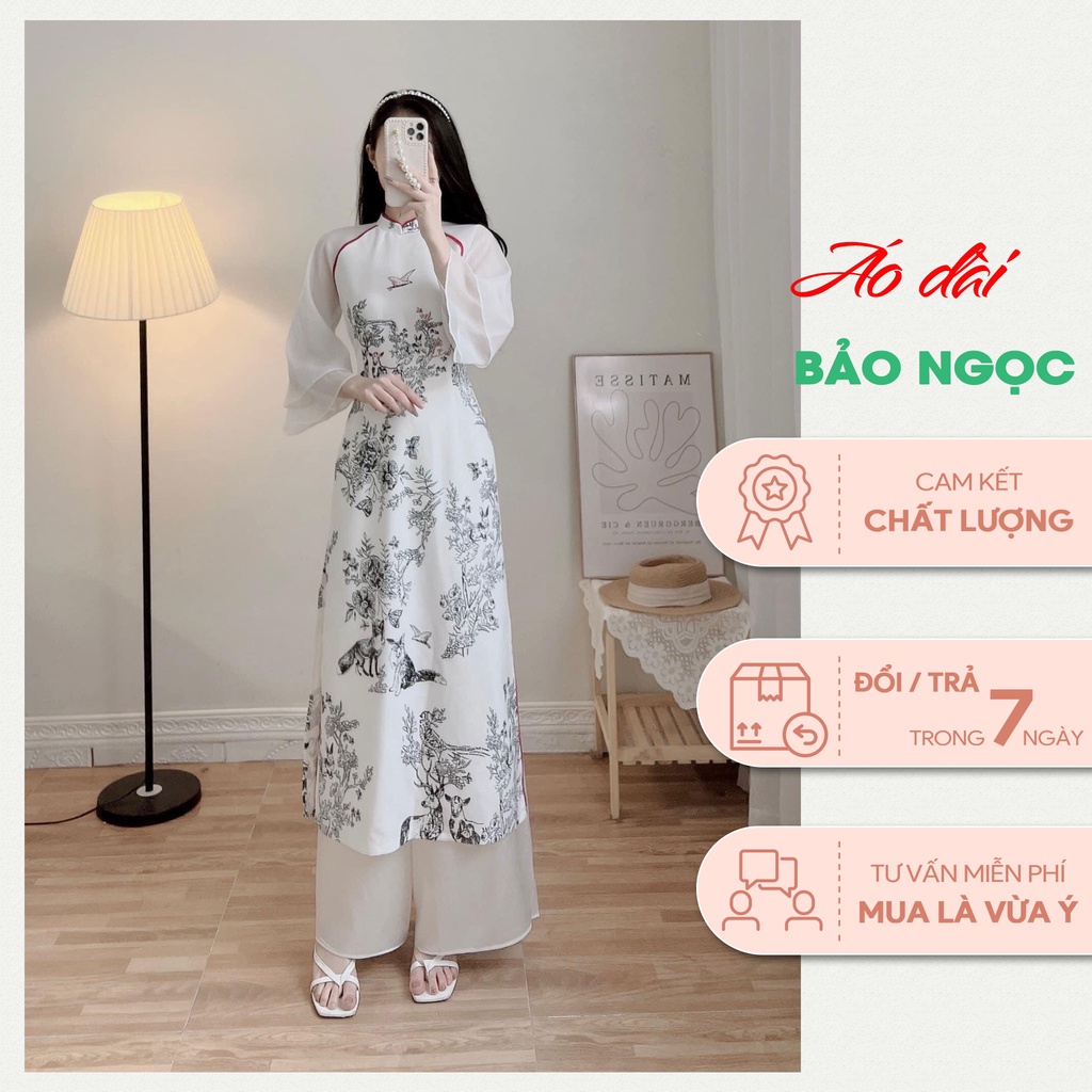 Áo Dài cách tân tay von nền trắng in họa tiết