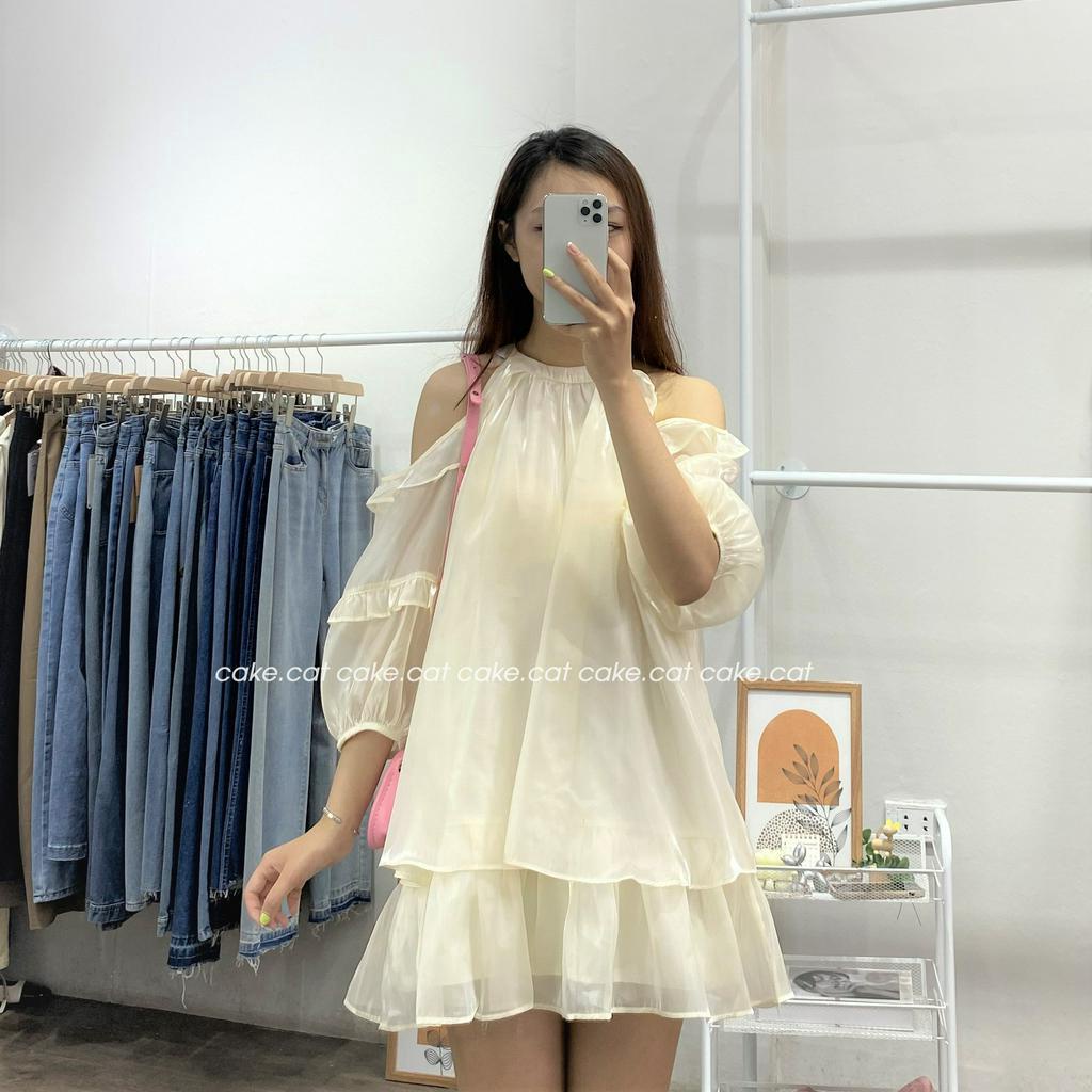 Đầm Váy Voan Lụa Rớt Vai 2 Tầng Dáng Xòe Xinh, Váy khoét vai mùa hè tay lửng