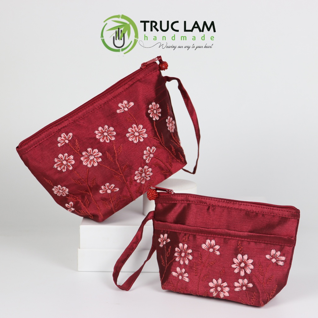 Ví Cầm Tay Nữ Vải Tafta Họa Tiết Hoa Cỏ Kim Tuyến Thêu Tay Set 2 Chiếc Thêu 2 Mặt - Trúc Lâm Handmade