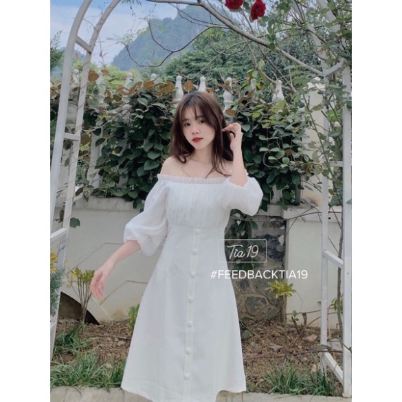 Váy trắng cúc bọc trễ vai tiểu thư dáng xoè | BigBuy360 - bigbuy360.vn