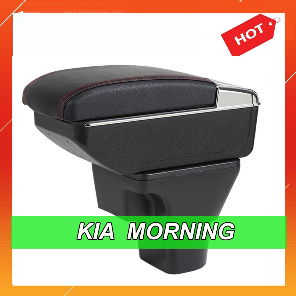 Hộp tỳ tay mẫu cắm cốc cho xe Kia Morning 2012 đến 2020 màu đen chỉ đỏ 02 có cổng cắm USB