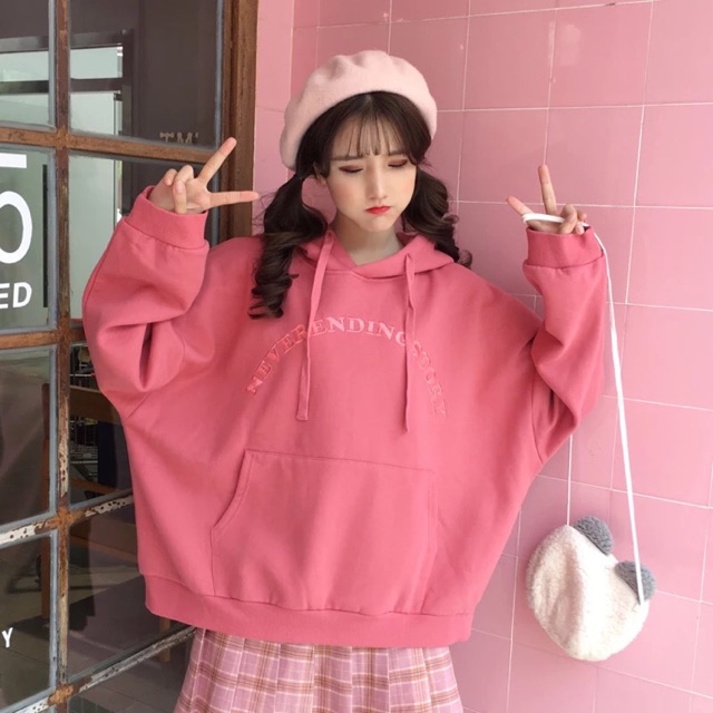 (ORDER-sẵn đen L) Áo hoodie ulzzang nỉ tay dơi never ending story