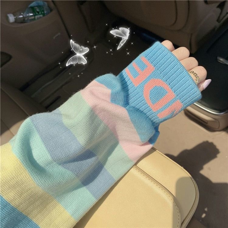 Áo Sweater Tay Dài Dáng Rộng Có Nón Họa Tiết Kẻ Sọc Cầu Vồng Thời Trang Mùa Thu 2022 Mới