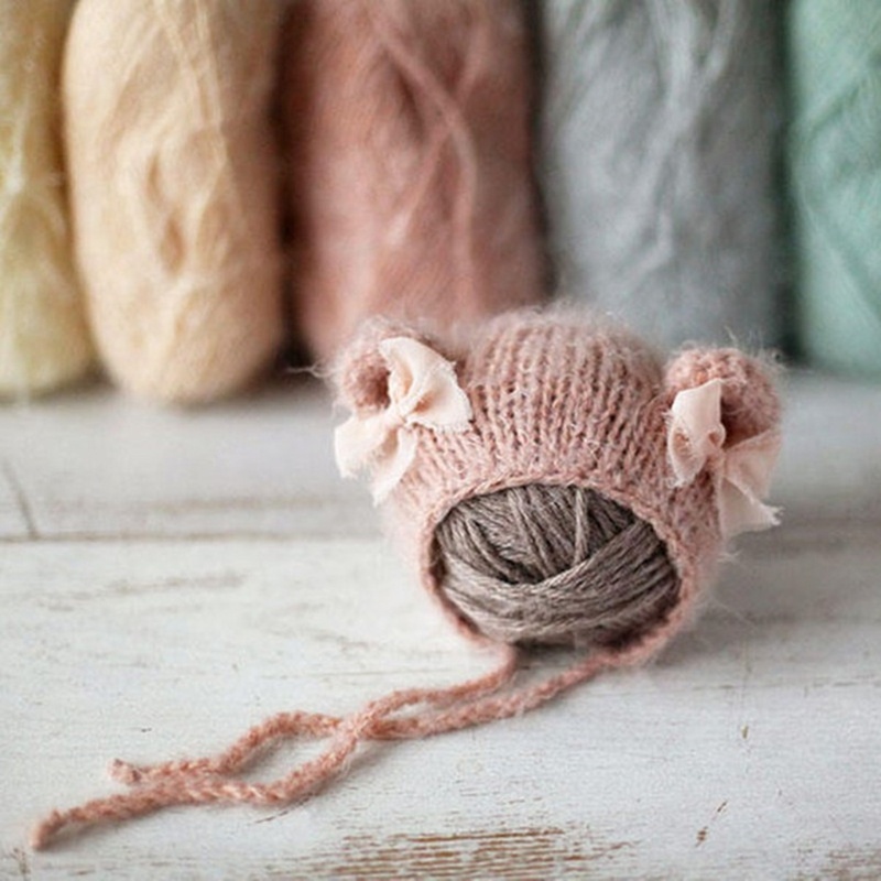 Mũ Beanie Đan Móc Đính Nơ Dễ Thương Làm Phụ Kiện Chụp Ảnh Cho Bé Sơ Sinh