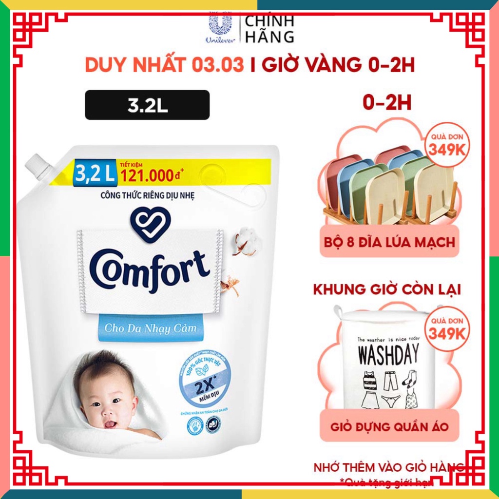 Nước xả làm mềm vải COMFORT dưỡng dịu nhẹ Cho da mẫn cảm 3.2L