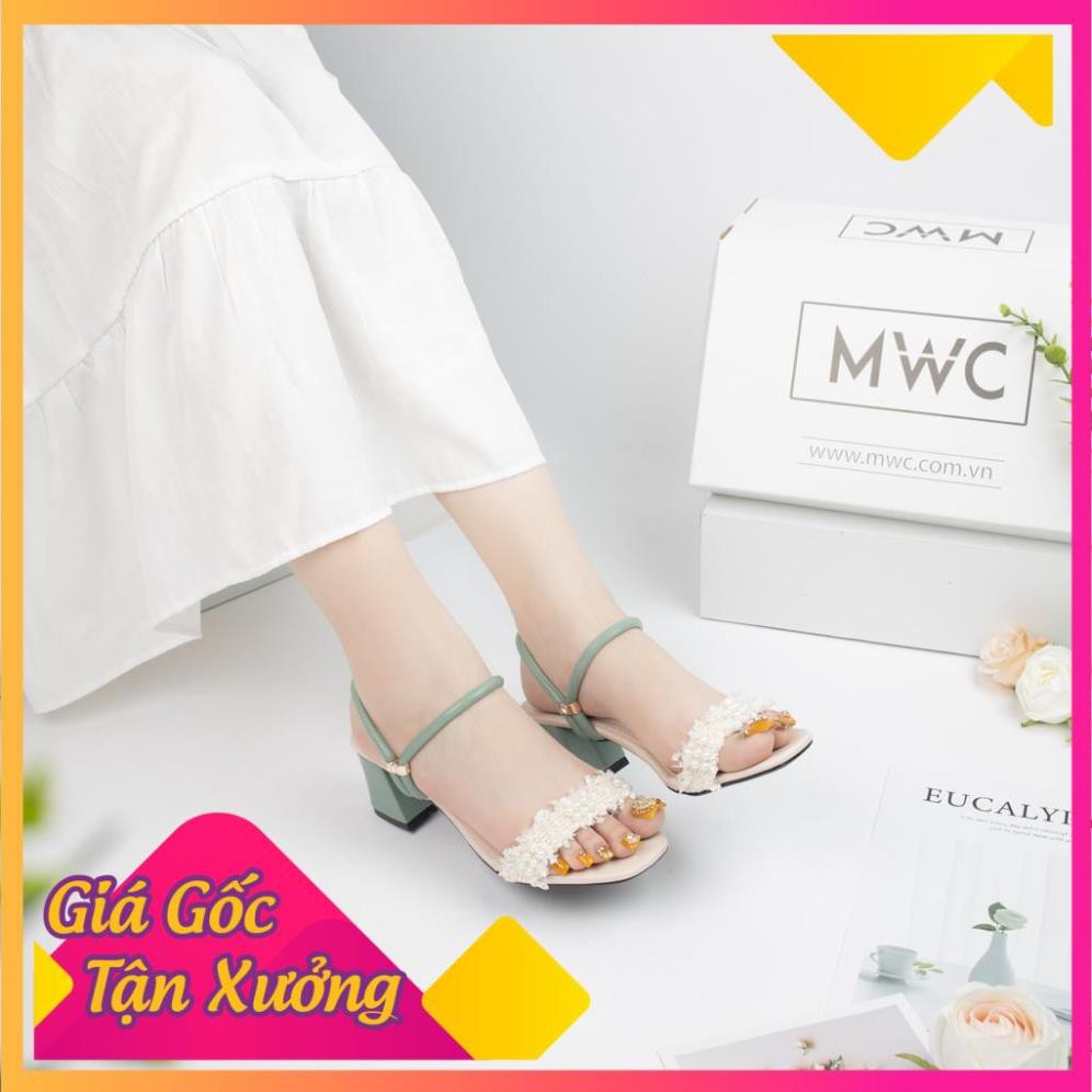 🌈FREESHIP🌈 Giày cao gót nữ quai ngang phối ren đế vuông MWC NUCG-3917