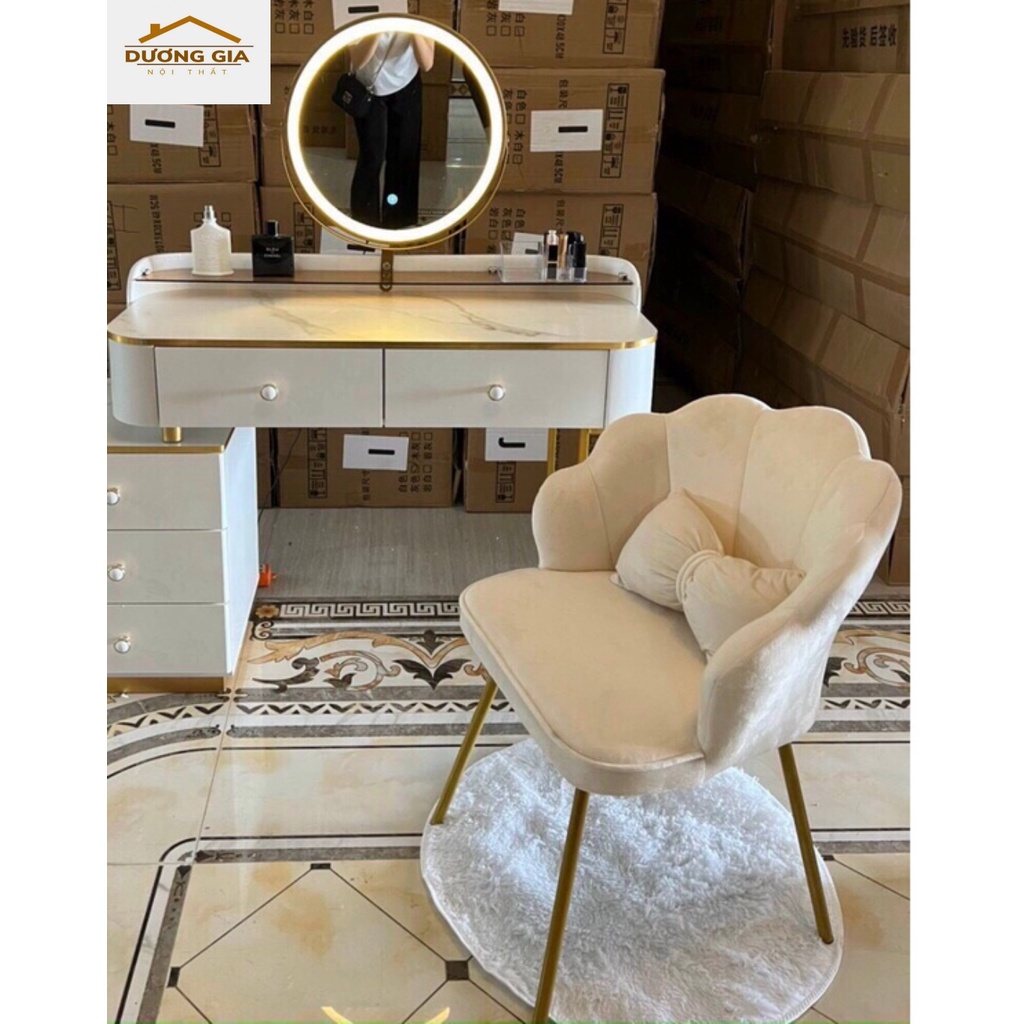 Ghế bàn trang điểm nỉ nhung chân kim loại, có gối nơ