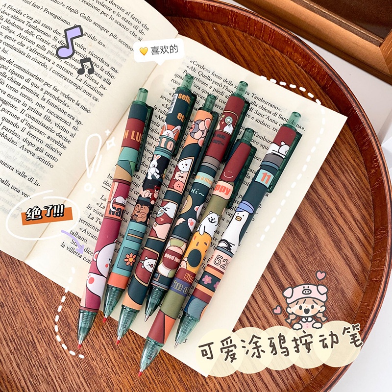 Enjoymore Bút Bi Cute Hoạt Hình Retro Mực Xanh / Đen Siêu Chất Ngòi Bấm Mực GelDễ Thương Học Sinh Màu Viết Bi Nước Muji
