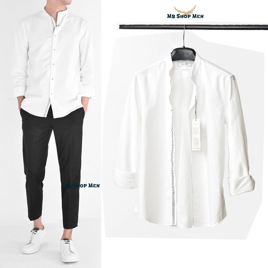 Áo sơ mi nam đẹp, Sơ mi cổ trụ oxford cao cấp dài tay màu trắng,đen,xanh nhạt "Freeship" Hà Nội và COD toàn quốc 2018